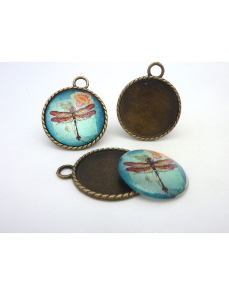 Grand Support cabochon pendentif 40,7mm rond en métal de couleur bronze  + cabochon rond en verre 30mm motif libellule