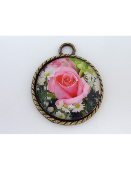 R-Grand Support cabochon pendentif 40,7mm rond en métal de couleur bronze  + cabochon rond en verre 30mm motif rose