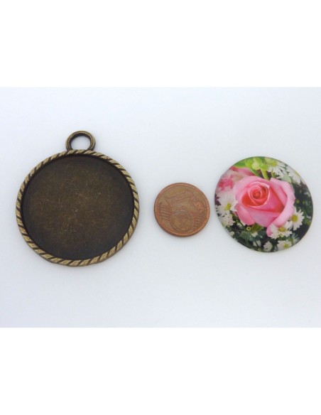 R-Grand Support cabochon pendentif 40,7mm rond en métal de couleur bronze  + cabochon rond en verre 30mm motif rose