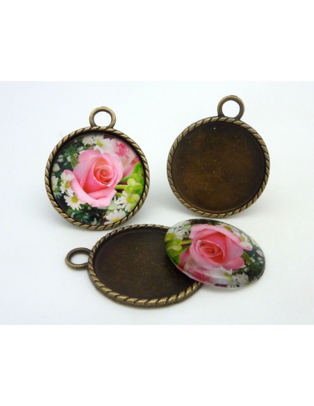 R-Grand Support cabochon pendentif 40,7mm rond en métal de couleur bronze  + cabochon rond en verre 30mm motif rose
