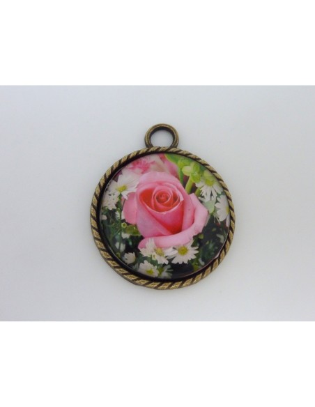 R-Grand Support cabochon pendentif 40,7mm rond en métal de couleur bronze  + cabochon rond en verre 30mm motif rose