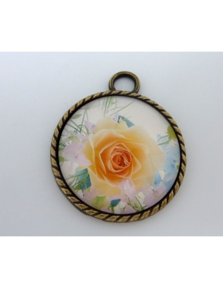 R-Grand Support cabochon pendentif 40,7mm rond en métal de couleur bronze  + cabochon rond en verre 30mm motif rose