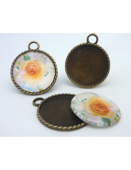R-Grand Support cabochon pendentif 40,7mm rond en métal de couleur bronze  + cabochon rond en verre 30mm motif rose
