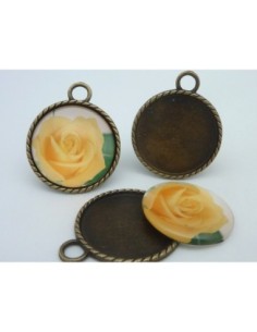 Pendentif bronze en métal plus cabochon fleur rose jaune 2