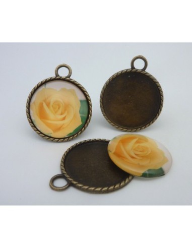 Pendentif bronze en métal plus cabochon fleur rose jaune