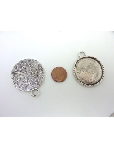Pendentif support cabochon et verre cabochon en métal argenté