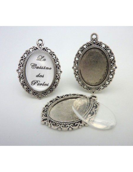 Support pendentif ovale métal argenté  + cabochon en verre 25 X 18mm