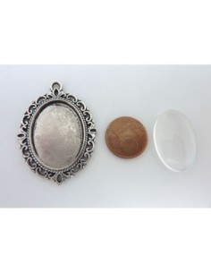 Support pendentif ovale métal argenté  + cabochon en... 2