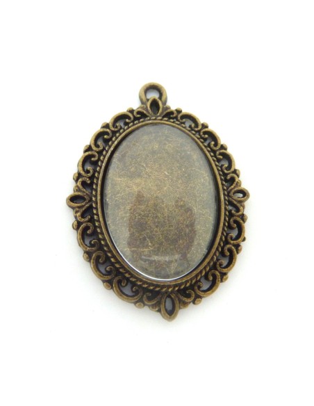 Support pendentif ovale en métal de couleur bronze  + cabochon en verre 25 X 18mm