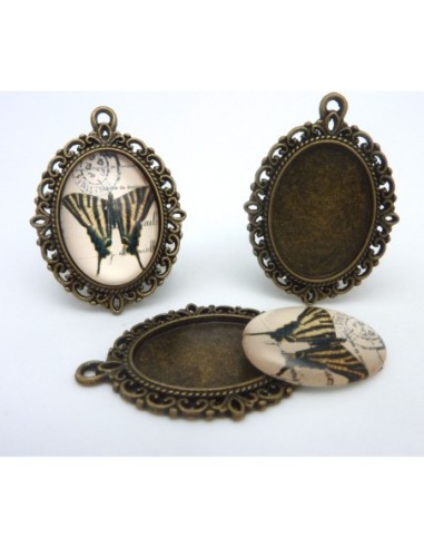 Support pendentif ovale en métal de couleur bronze  + cabochon en verre 25 X 18mm motif papillon
