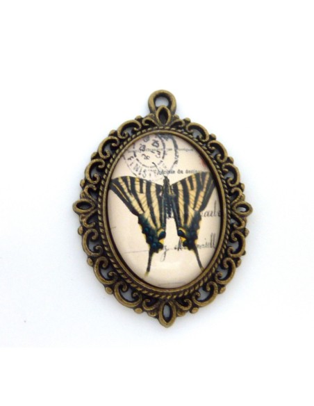 Support pendentif ovale en métal de couleur bronze  + cabochon en verre 25 X 18mm motif papillon