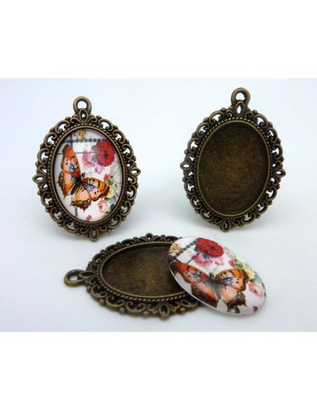 R-Support pendentif ovale en métal filigrane de couleur bronze  + cabochon en verre 25 X 18mm motif papillon