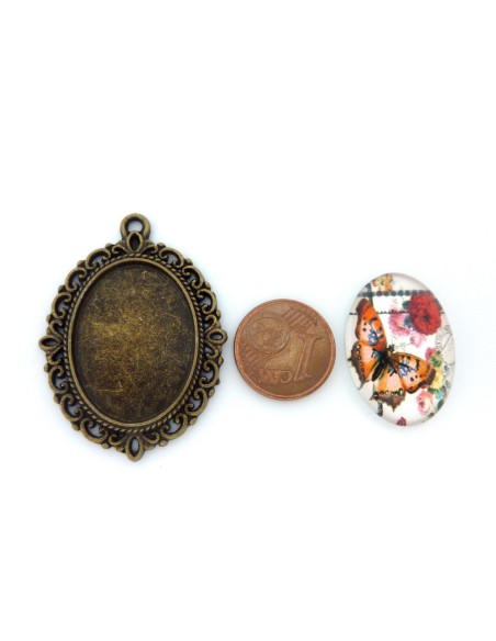 R-Support pendentif ovale en métal filigrane de couleur bronze  + cabochon en verre 25 X 18mm motif papillon