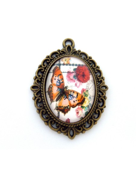 R-Support pendentif ovale en métal filigrane de couleur bronze  + cabochon en verre 25 X 18mm motif papillon