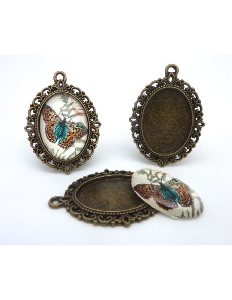 R-Support pendentif ovale en métal de couleur bronze  + cabochon en verre 25 X 18mm