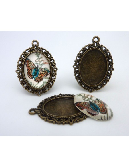 R-Support pendentif ovale en métal de couleur bronze  + cabochon en verre 25 X 18mm
