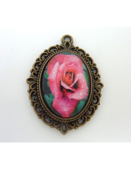 Support pendentif ovale en métal de couleur bronze  + cabochon en verre 25 X 18mm