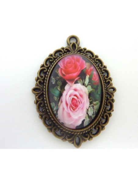Support pendentif ovale en métal de couleur bronze  + cabochon en verre 25 X 18mm