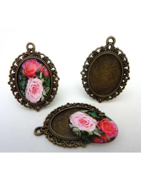 Support pendentif ovale en métal de couleur bronze  + cabochon en verre 25 X 18mm
