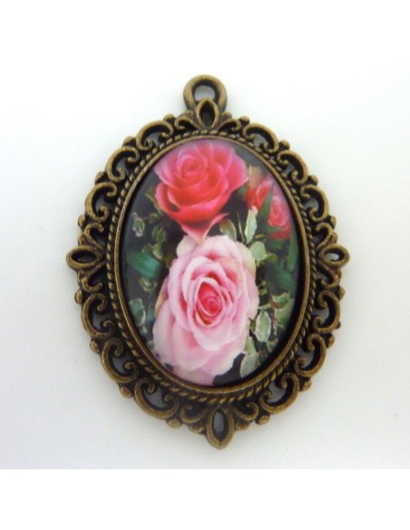 Support pendentif ovale en métal de couleur bronze  + cabochon en verre 25 X 18mm