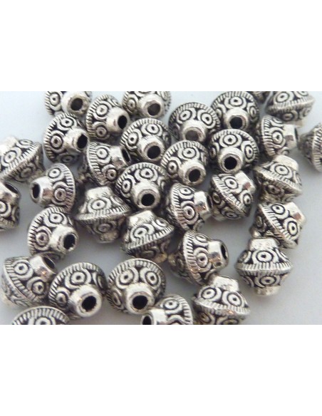 Perles toupie 7mm en métal argenté gravé de petits ronds