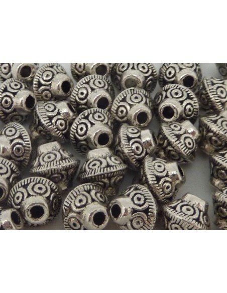 Perles toupie 7mm en métal argenté gravé de petits ronds