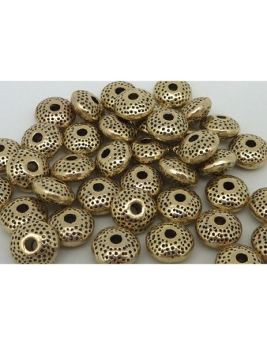 10 Perles soucoupe 8,2mm en métal doré pâle gravé de points