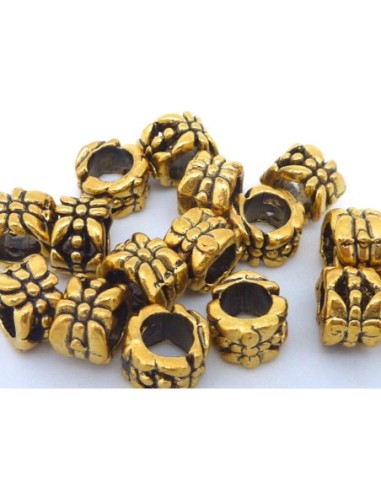 10 Perles connecteur tube texturé en métal doré à gros trou