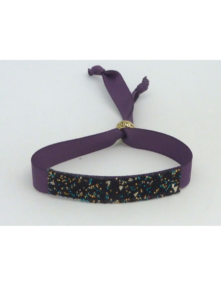 Kit de création Bracelet ruban ajustable violet et microbilles multicolore thermocollante fond noir