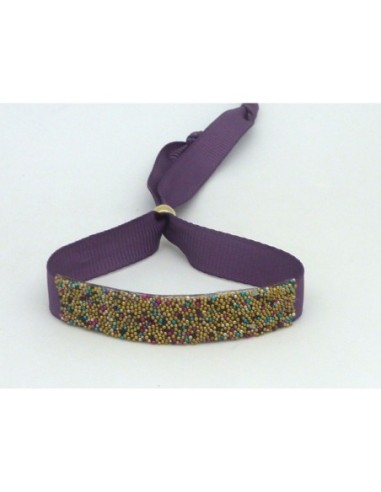 Kit de création Bracelet ruban ajustable violet et microbilles multicolore thermocollante fond doré pâle