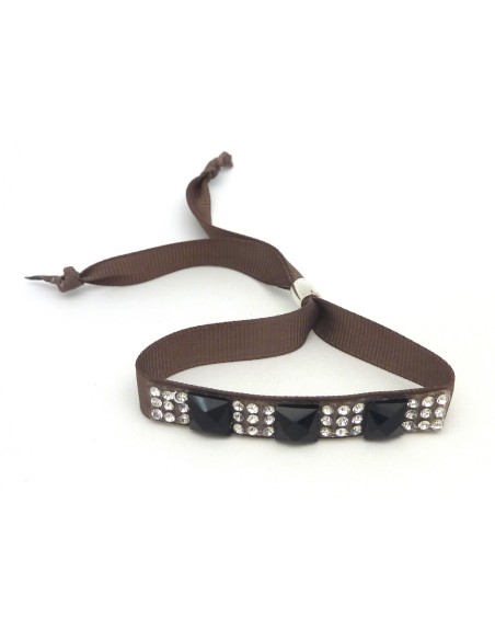 Kit de création Bracelet Strass argent et noir et ruban fauve ajustable