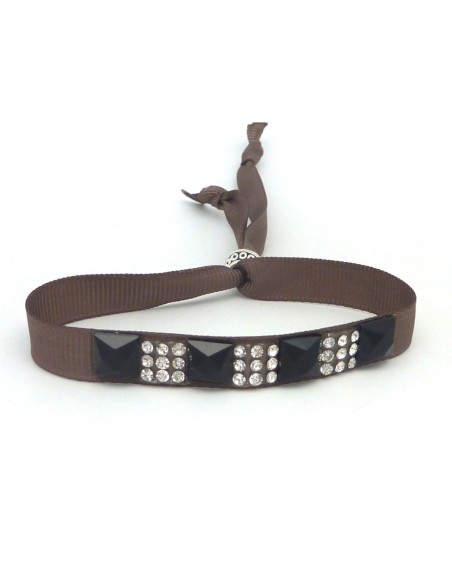 Kit de création Bracelet Strass noir et argent et ruban fauve ajustable