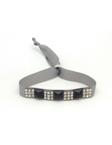 Kit de création Bracelet Strass argent et noir et ruban gris clair ajustable