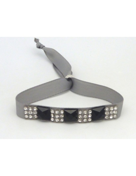 Kit de création Bracelet Strass argent et noir et ruban gris clair ajustable