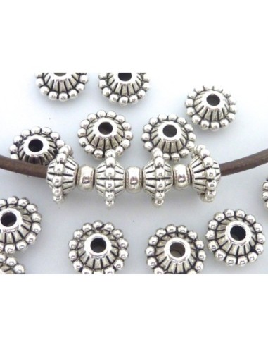5 Perles connecteur ovale 11mm orné d'un anneau de points en son centreet de stries en métal argenté
