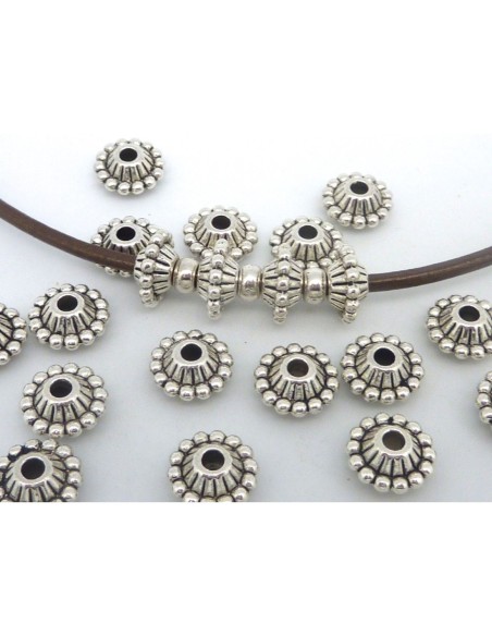 5 Perles connecteur ovale 11mm orné d'un anneau de points en son centreet de stries en métal argenté