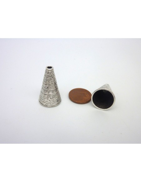 2 Embouts calotte conique 24,6mm x 15,1mm, cache nœud en métal argenté strié