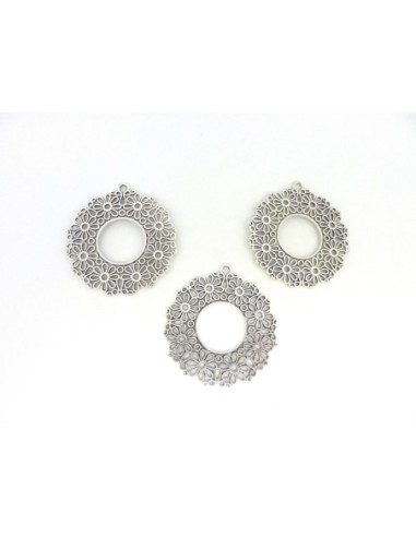 Grand pendentif rosace filigrane 55mm en métal argenté