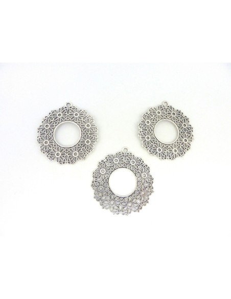 Grand pendentif rosace filigrane 55mm en métal argenté