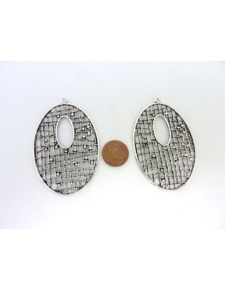 Grand pendentif larme goutte filigrane 60mm en métal argenté ajouré