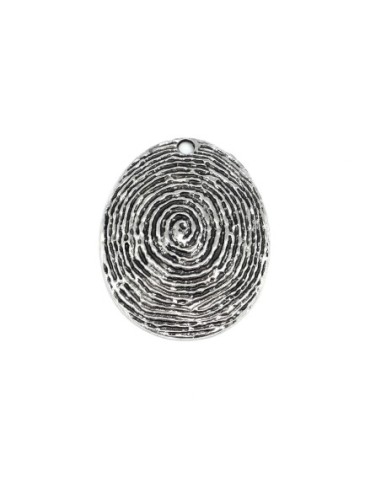 Grand pendentif ovale en métal argenté strié ethnique