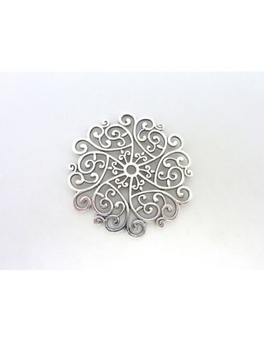 connecteur rosace filigrane 52mm en métal argenté travaillé