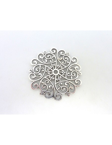 connecteur rosace filigrane 52mm en métal argenté travaillé