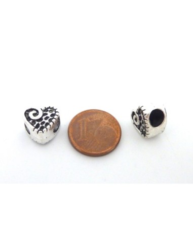 Perle coeur argenté à gros trou pas chère