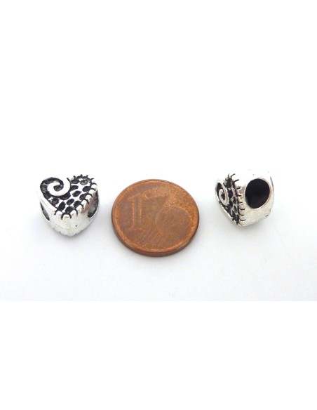 Perle coeur argenté à gros trou pas chère