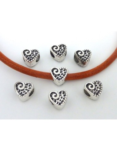 Perle coeur métal argenté à gros trou