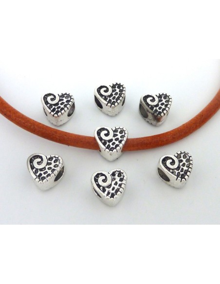 Perle coeur métal argenté à gros trou