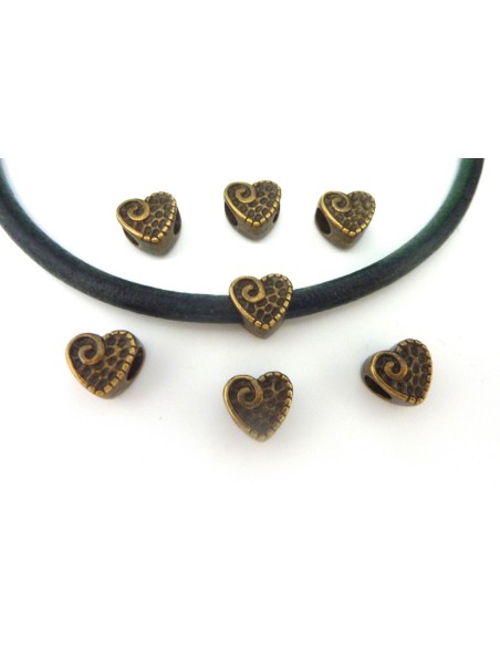 R-5 Perles coeur gravé 10,2mm en métal de couleur bronze, à gros trou 4,7mm