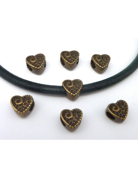 R-5 Perles coeur gravé 10,2mm en métal de couleur bronze, à gros trou 4,7mm