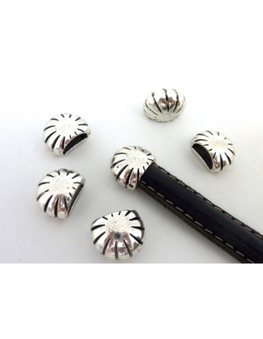 2 Perles embout de finition pour cordon demi rond de 10,2 x 5,5mm en métal argenté strié